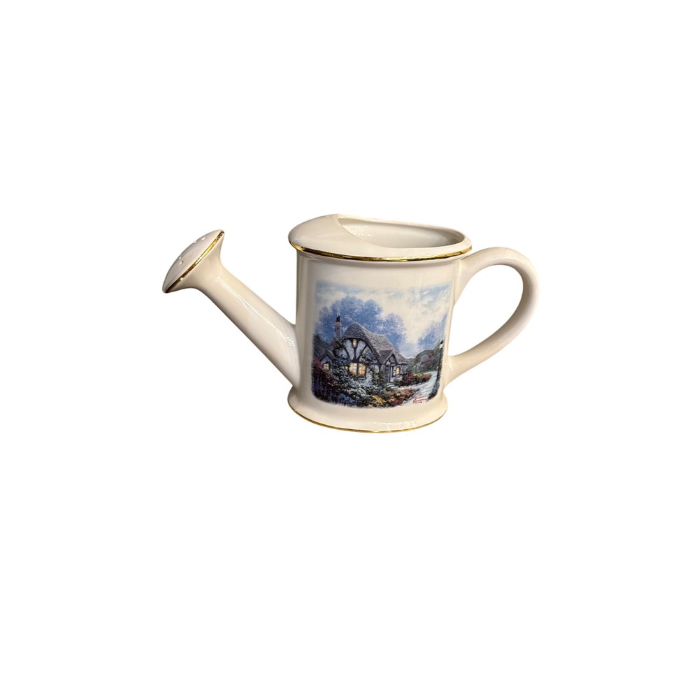 Thomas Kinkade Chandler's Cottage Teleflora Watering Can Planter Gold Trim 2004
